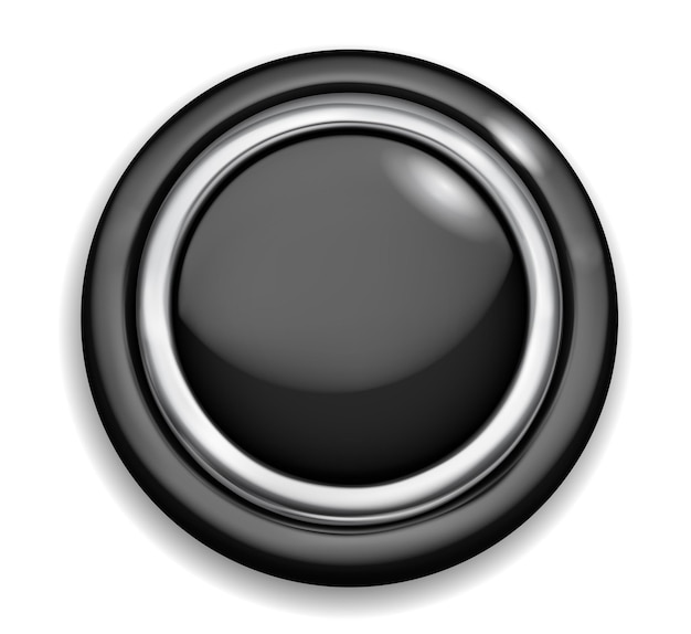 Realistic big black plastic button with shiny metallic and colored borders with shadow on white background