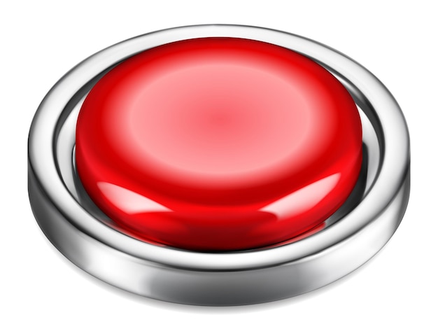 Realistic big red plastic button with shiny metallic border on white background