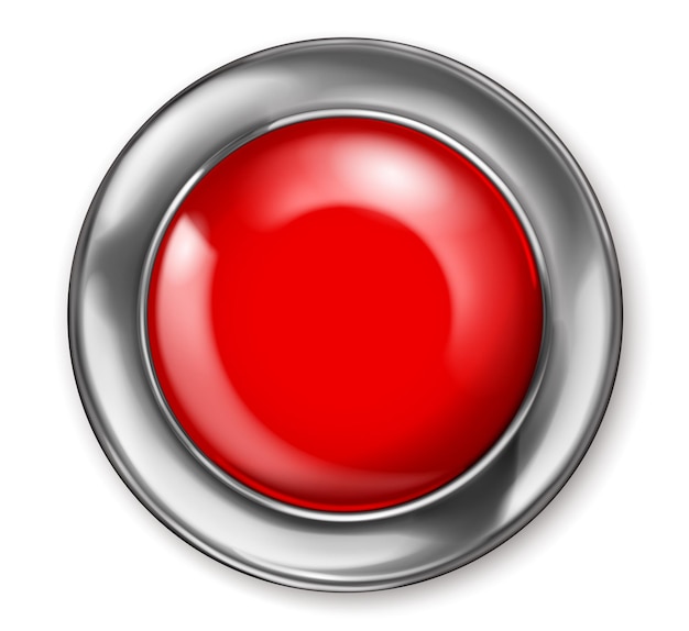 Realistic big red plastic button with shiny metallic border With shadow on white background