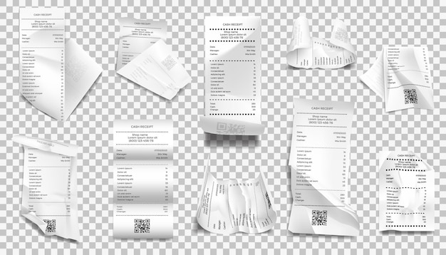 realistic bill page paper receipt supermarket purchase invoice payment in shop 3d crumpled check sheets pay order form for market or restaurant vector financial documents set