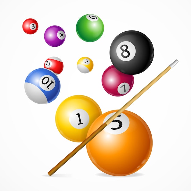 Vector realistic billiard ball with cue concept ready for cards posters playing sport game vector illustration