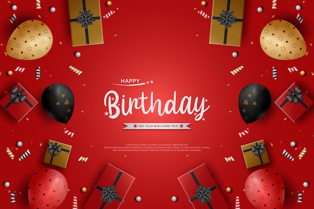 Реалистичный фон дня рождения с воздушными шарами и подарочными коробками