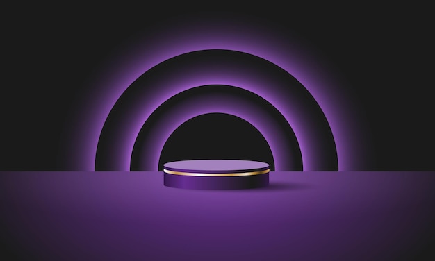 Realistic black 3d cylinder podium mockup with purple glowing light semi circles layers