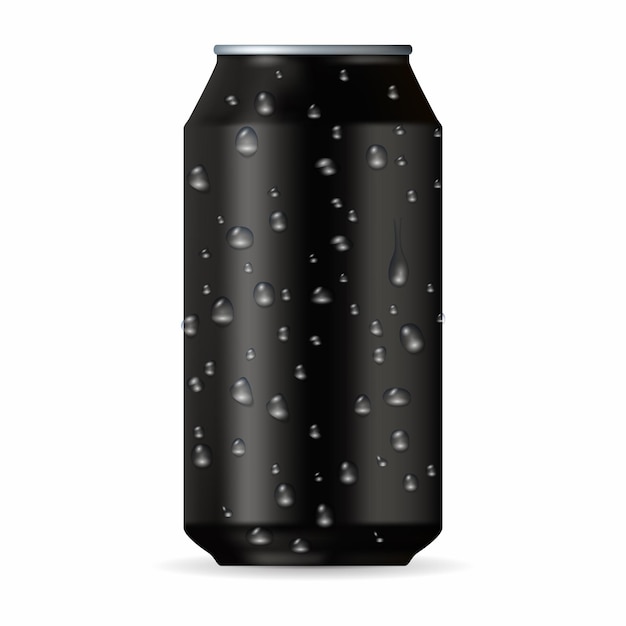 Vector realistic black aluminum can with drops isolated on a white background