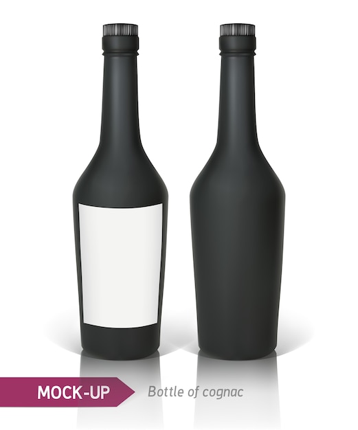 Realistic black bottles of cognac on a white background with reflection and shadow