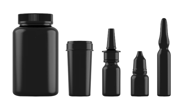 Realistic black bottles for drugs, tablets, drops and spray etc.