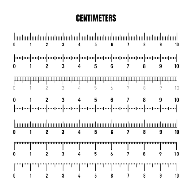 Vector realistic black centimeter scale for measuring length or height various measurement scales with divisions ruler tape measure marks size indicators vector illustration