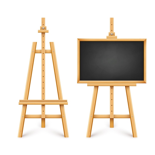 Realistic black chalkboard on wooden easel blank blackboard in wooden frame on a tripod presentation