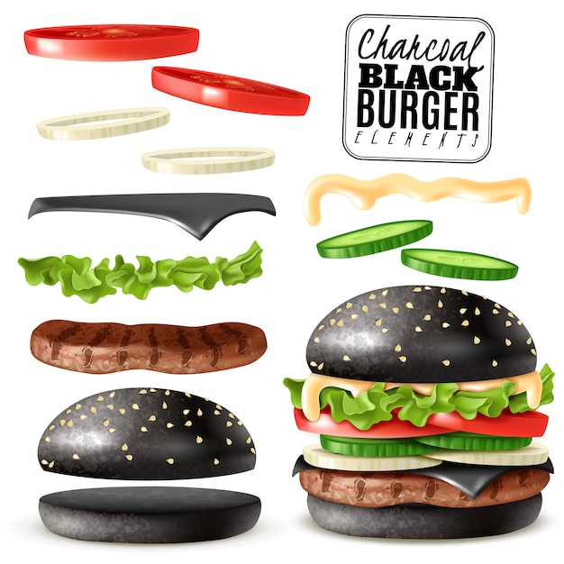 Vector realistic black charcoal burger elements set