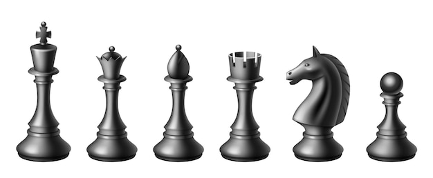 Realistic black chess pieces set. king, queen bishop and pawn horse rook. black chess figures for board game. intellectual leisure activity symbol. 3d chessboard objects. vector illustration