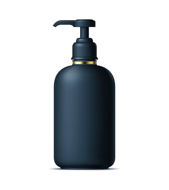 Realistic black cosmetics bottle tube and plastic container isolated 3d vector mockup Sleek compact cosmetic flask with secure cap and pump dispenser for liquid soap sanitizer or shower gel