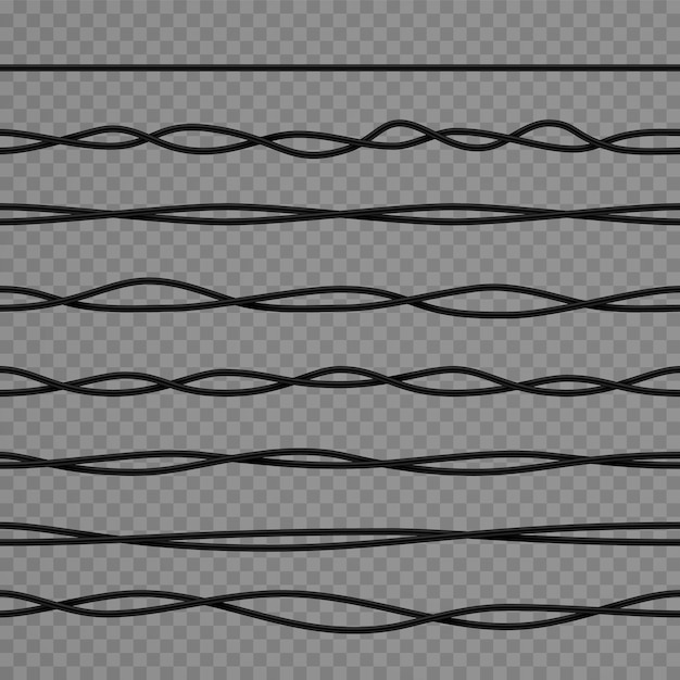 Вектор Реалистичные черные изогнутые электрические провода и промышленные силовые кабели. 3d гибкая сеть с резиновой изоляцией. векторный набор переплетенных проводов