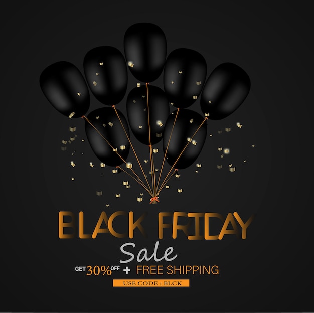 Vector realistic black friday banner with presents and balloons free vector