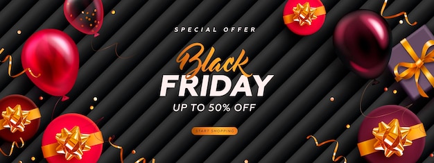 Vettore banner realistico del black friday con regali e palloncini