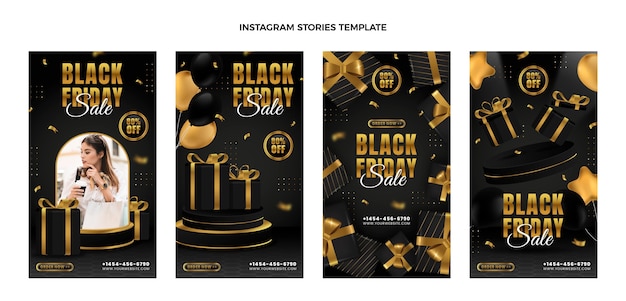 Vector realistic black friday ig stories with golden details