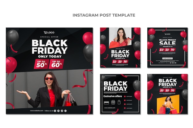 Vettore raccolta realistica di post di instagram del black friday