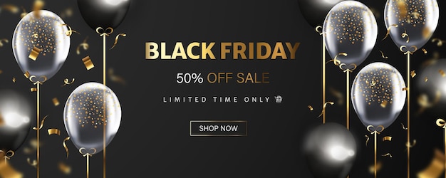 Vector realistic black friday sale banner balloons