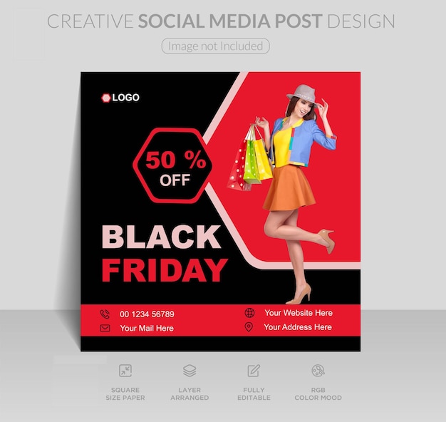 Vector realistic black friday sale special offer social media post, banner 3d render template for marketing