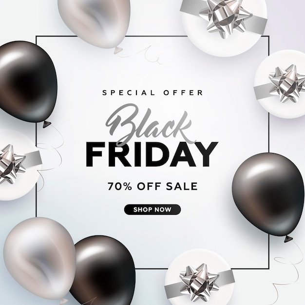 Vector realistic black friday square banner with presents and balloons