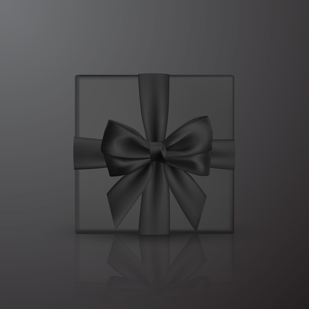 Realistic black gift box with black bow and ribbon. Element for decoration gifts, greetings, holidays. 