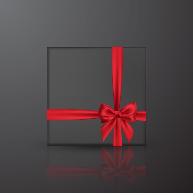 Realistic black gift box with red bow and ribbon. element for decoration gifts, greetings, holidays.