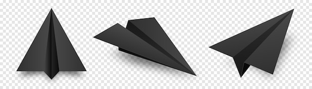 Vector realistic black handmade paper planes isolated on transparent background origami aircraft in flat