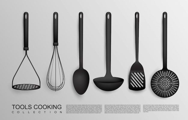 Vector realistic black kitchen tools collection