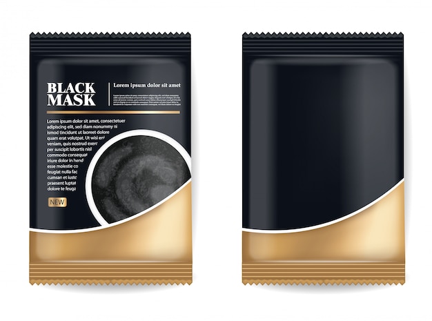 Realistic black mask, black 3d package isolated, brand cosmetics, charcoal facial mask design, beauty product illustration