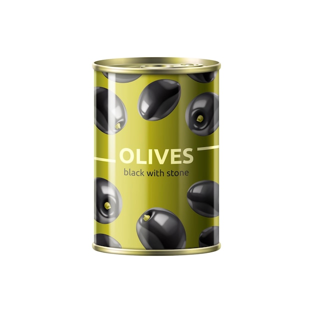 Vettore contenitore vettoriale 3d in lattina di oliva nera realistica