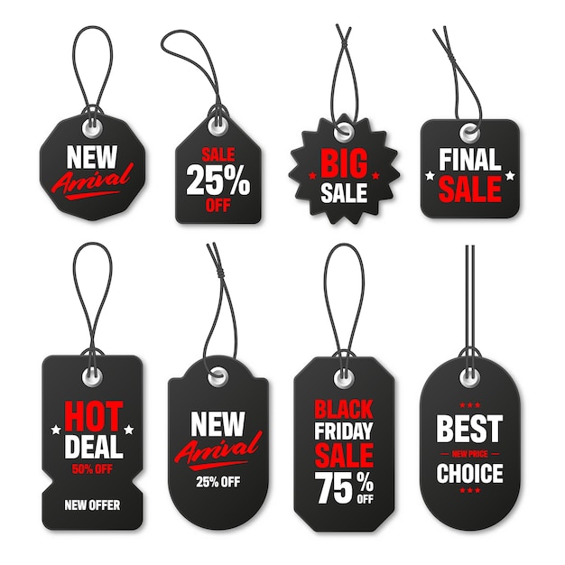 Vector realistic black price tags collection special offer or shopping discount label retail paper sticker