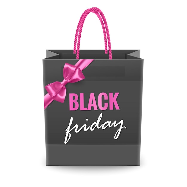 Vector realistic black shopping bag with pink bow black friday sale shopping bag