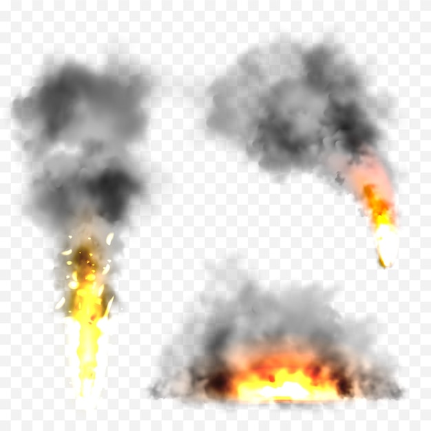 Vector realistic black smoke clouds and fire flame blast explosion stream of smoke from burning objects