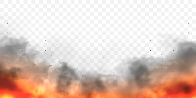 Vector realistic black smoke clouds and fire flame blast explosion stream of smoke from burning objects