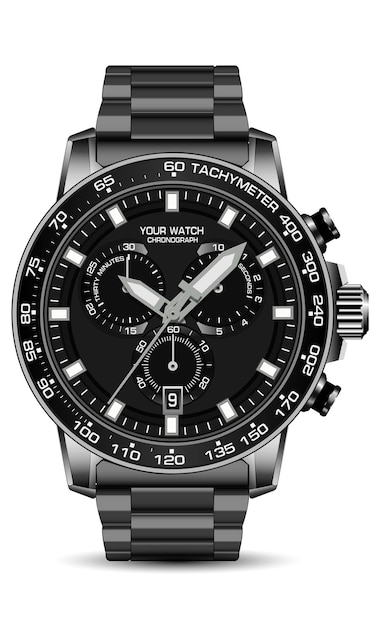 Реалистичные черные стальные часы часы хронограф лицевой ремешок на белом фоне роскошь для мужчин вектор