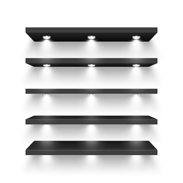 Vector realistic black store shelves with lighting spotlights empty product shelf grocery wall rack mall
