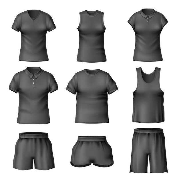 Vector realistic black tshirts and short different types shirts male and female casual clothes top view underwear blank mockup 3d blank textile objects utter vector isolated set