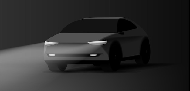 Вектор Реалистичная черная векторная 3d иллюстрация автомобиля темная ночь с включенными фарами