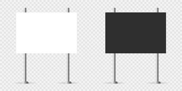 Realistic black and white blank sign boards