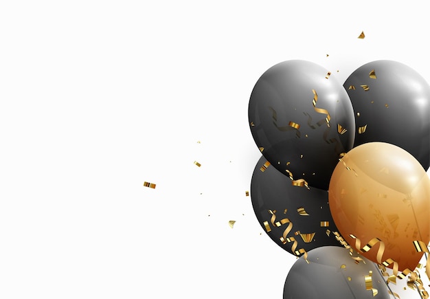 Vector realistic black and yellow balloons, falling golden confetti and serpentine. vector illustration