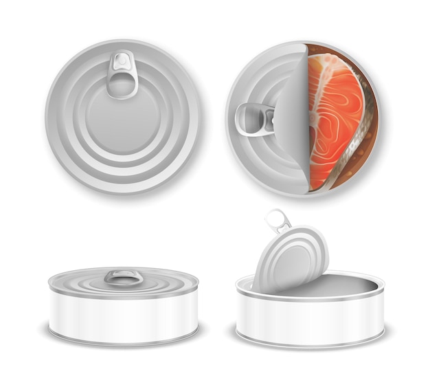 Vector realistic blank aluminium tin cans set with top and side view containers with canned fish isolated on white background vector illustration