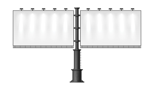 Tabellone per le affissioni realistico della città in bianco cartello doppio con faretti tabellone promozionale grande posto per annuncio commerciale banner di annuncio mockup di segnaletica illuminata urbana vettoriale