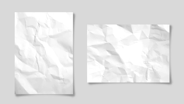 Vector realistic blank crumpled paper sheets in a size with shadow isolated on gray background white