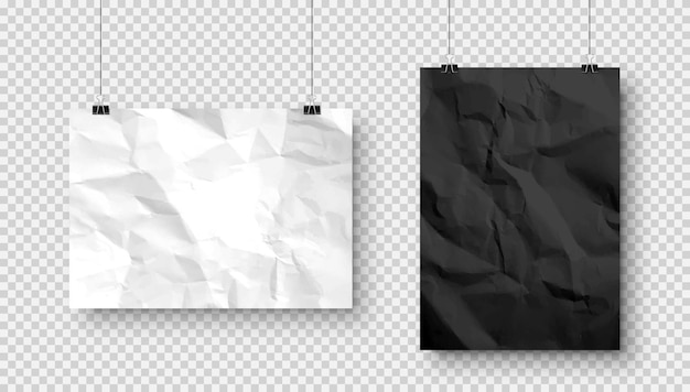 Vector realistic blank hanging paper sheets in a size with shadow on checkered background black and white