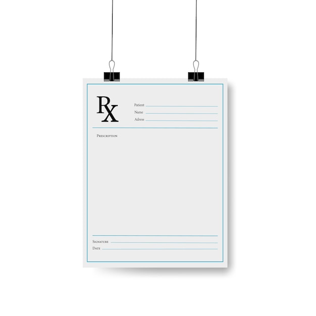 Realistic blank medical prescription form isolated on white background. Rx pad template