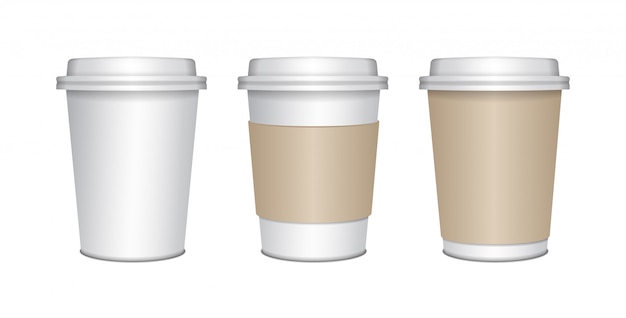 Vector realistic blank mock up paper cups set with plastic lid. coffee to go, take out mug