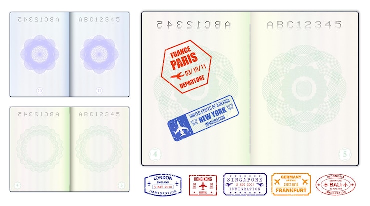 Vector realistic blank passport pages or empty passport with watermark and stamps