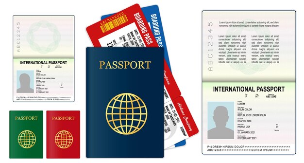 Realistic Blank Passport Pages Or Empty Passport With Watermark And Stamps