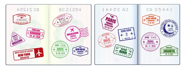 Realistic Blank Passport Pages Or Empty Passport With Watermark And Stamps