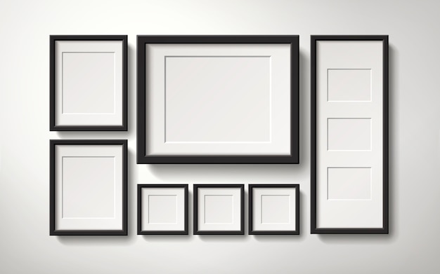 ベクトル 通常の方法、3 dイラストレーションで壁に掛かっている現実的な空白の画像フレームコレクション