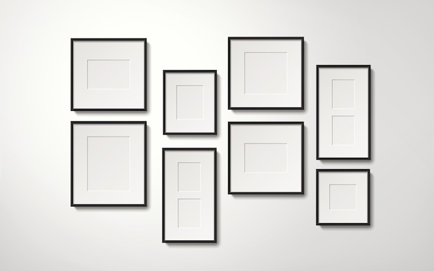 Realistic blank picture frames collection hanging on the wall, 3d illustration